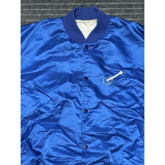 Vintage 80s Satin Bomber Jacket Guitar Embroidery Blue Snap Buttons - Picture 2 of 6